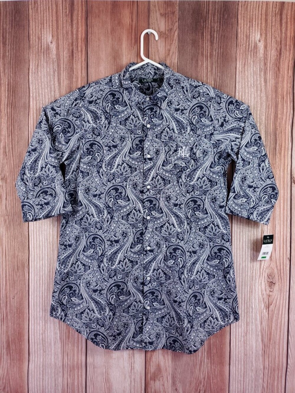 NWT Lauren Ralph Lauren Paisley Button Shirt Top Blouse Womens Large Navy Cotton